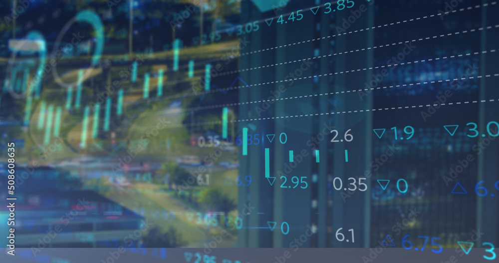 Image of financial data and graphs over cityscape Image of financial data and graphs over cityscape