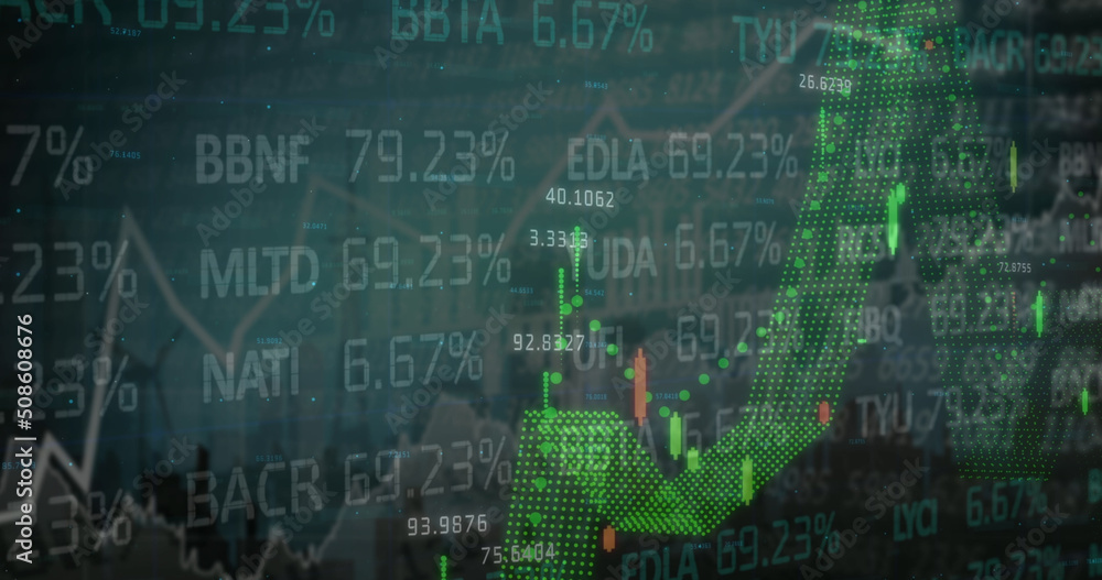 Image of financial data and graphs over cityscape Image of financial data and graphs over cityscape