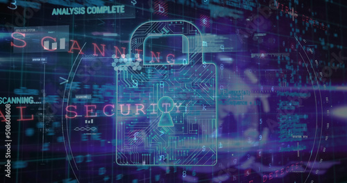 Image of warning data processing, online security padlock and circuit board