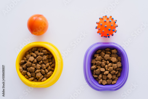 top view of rubber toys near bowls with pet food on white.