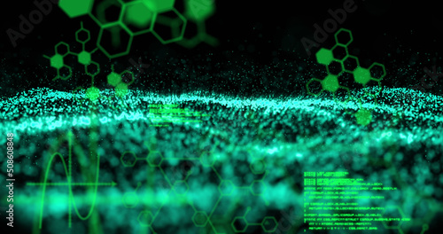 Image of chemical structures with green mesh on black background