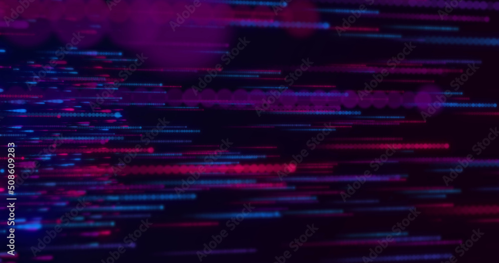 Image of lines made of red and blue dots moving on black background Image of lines made of red and blue dots moving on black background