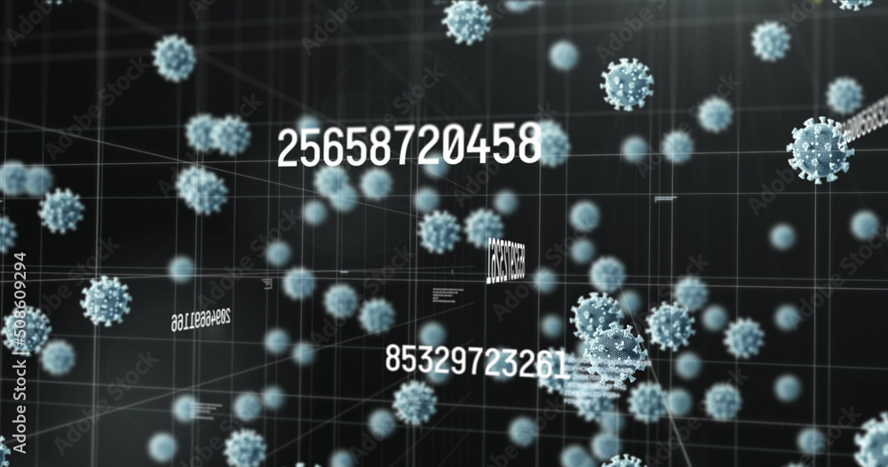 Fototapeta premium Image of virus cells and numbers and data processing