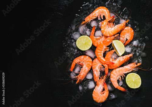 Shrimps on dark black background copy space. 