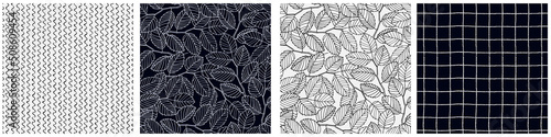 Seamless patterns set with elm tree branches and leaves on light background for surface design, wallpaper, fabrics, home decor. Monochrome pastel realistic line art