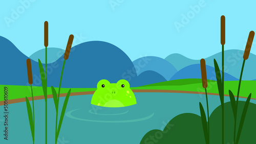 The frog sits in a mountain lake with reeds