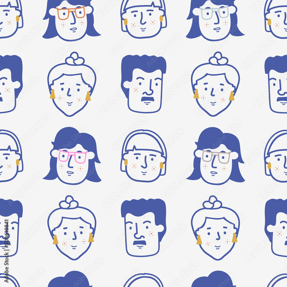 People heads seamless pattern. Cute hand drawn texture with characters for textile, wrapping paper, branding design. Isolated vector with faces. Girl and boy, all in one People heads seamless pattern. Cute hand drawn texture with characters for textile, wrapping paper, branding design. Isolated vector with faces. Girl and boy, all in one