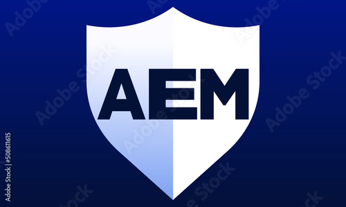 AEM shield logo design on blue background vector template | monogram logo | abstract logo | wordmark logo | letter mark logo | business logo | brand logo | flat logo, minimalist logo.	 photo