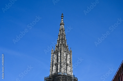 Ulm, Germany. Cathedral tower. Ulm is a city in the German state of Baden-Württemberg. 