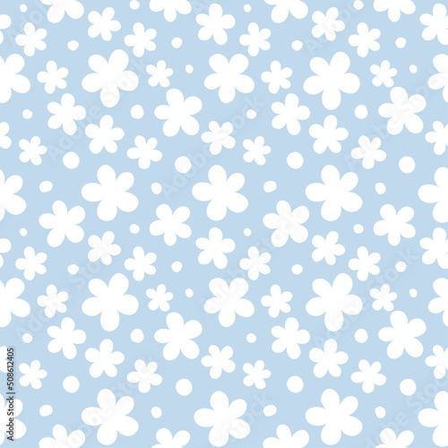 Seamless pattern with white flowers and dots and blue background