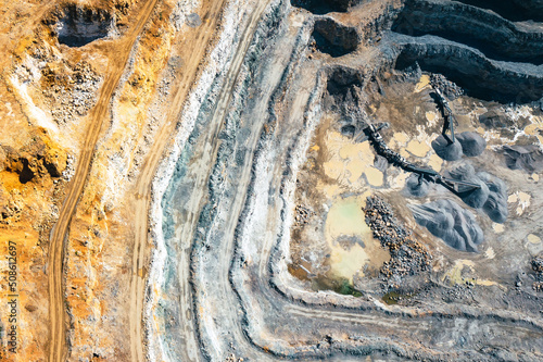 Dolomite Mine. Industrial Terraces. Aerial view of open pit mining. Excavation of the Dolomite Mine. Extractive industry.