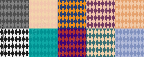 Set of Simple seamless patterns with black and white and colorful geometric rombs. Rhombus rows, ornament for wallpaper, wrapping paper, textile, fabric, package. Vector Illustration.