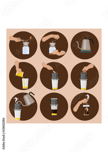 Editable Vietnamese Coffee Drip Brewing Instruction Vector Illustration Icons Set for Cafe with Vietnam History and Culture Tradition Related Design