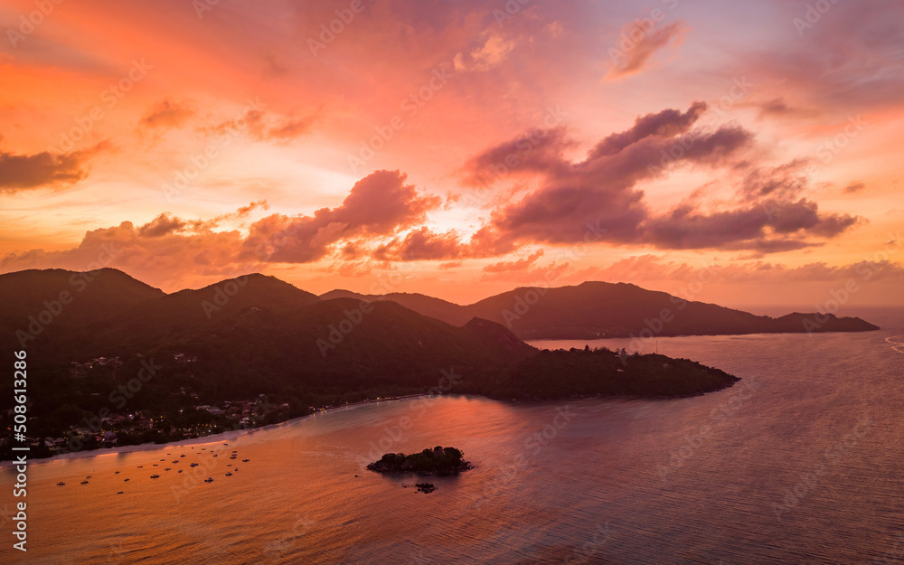 Aerial views of epic Seychelles islands sunset, a paradise place (aerial drone photo). Seychelles