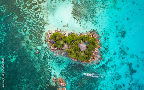 Aerial views of one of Seychelles islands, a paradise place (aerial drone photo). Seychelles