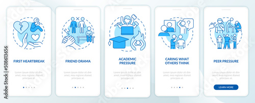 Main struggles of teenage life blue onboarding mobile app screen. Walkthrough 5 steps editable graphic instructions with linear concepts. UI, UX, GUI template. Myriad Pro-Bold, Regular fonts used