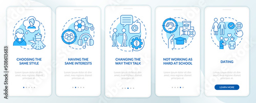 Peer influence on teenage behavior blue onboarding mobile app screen. Walkthrough 5 steps editable graphic instructions with linear concepts. UI, UX, GUI template. Myriad Pro-Bold, Regular fonts used