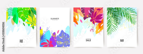 Summer background. Set. Colorful banner with tropical pattern of palm leaves. Vector abstract illustration for poster, postcard, summer promotion vertical coupon, discount flyer, cover, social media
