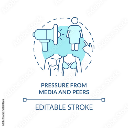 Pressure from media and peers turquoise concept icon. Negative teenage body image abstract idea thin line illustration. Isolated outline drawing. Editable stroke. Arial, Myriad Pro-Bold fonts used