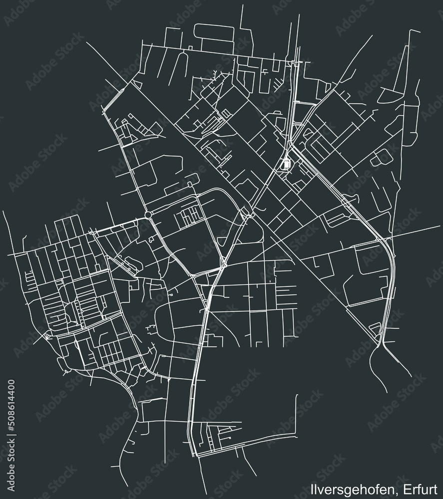 Detailed negative navigation white lines urban street roads map of the ILVERSGEHOFEN DISTRICT of the German regional capital city of Erfurt, Germany on dark gray background