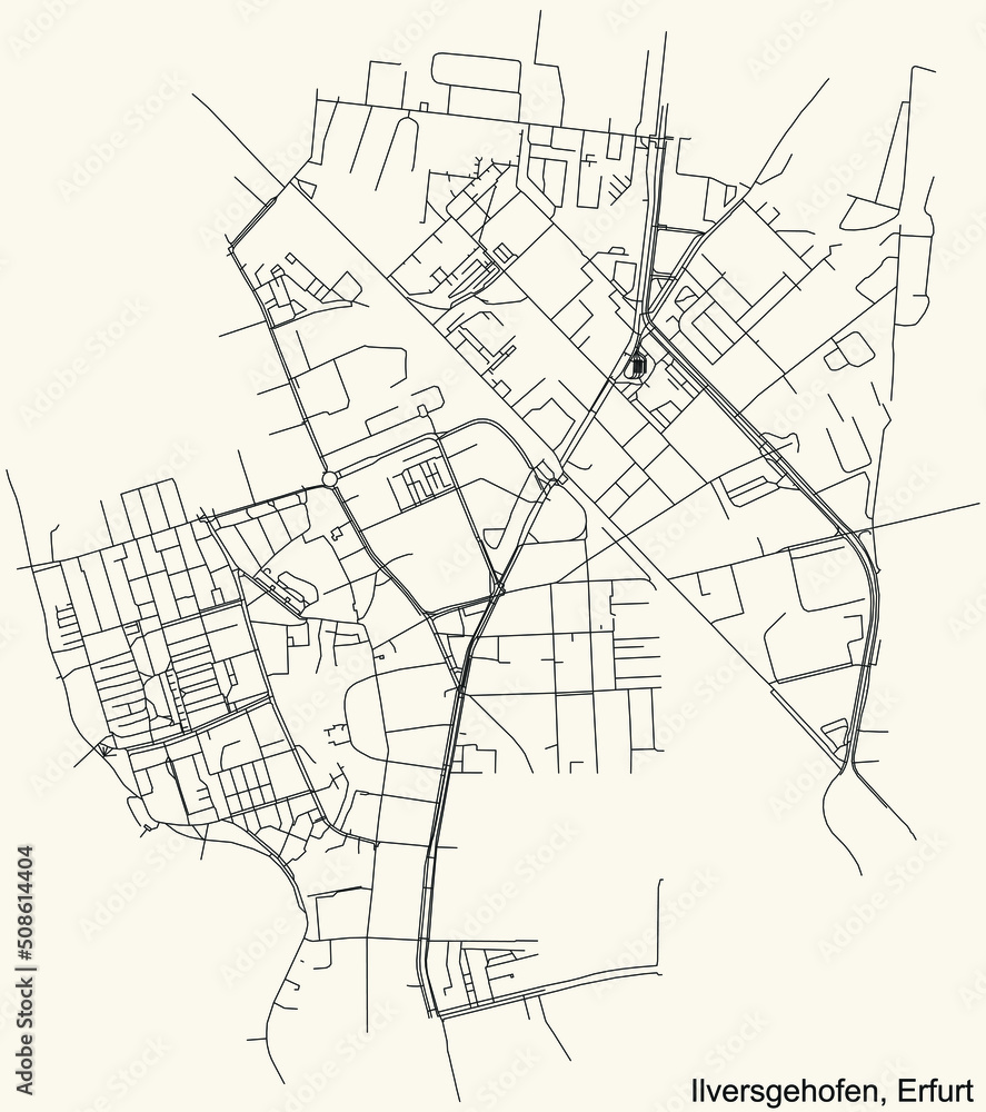 Detailed navigation black lines urban street roads map of the ILVERSGEHOFEN DISTRICT of the German regional capital city of Erfurt, Germany on vintage beige background