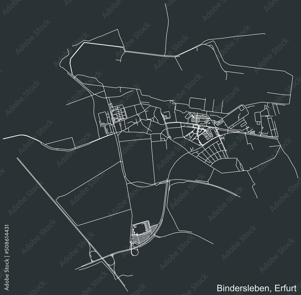 Detailed negative navigation white lines urban street roads map of the BINDERSLEBEN DISTRICT of the German regional capital city of Erfurt, Germany on dark gray background