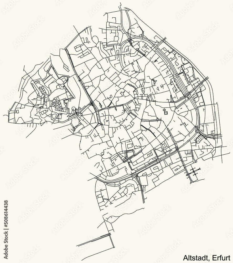 Detailed navigation black lines urban street roads map of the ALTSTADT DISTRICT of the German regional capital city of Erfurt, Germany on vintage beige background