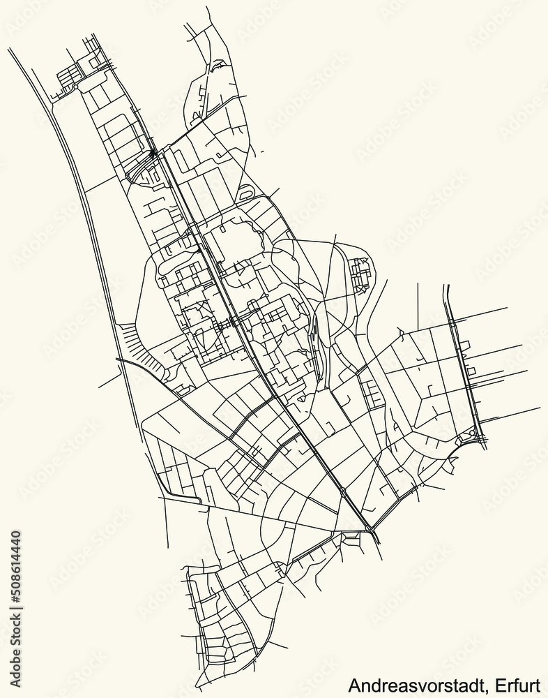 Detailed navigation black lines urban street roads map of the ANDREASVORSTADT DISTRICT of the German regional capital city of Erfurt, Germany on vintage beige background
