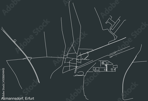 Detailed negative navigation white lines urban street roads map of the AZMANNSDORF DISTRICT of the German regional capital city of Erfurt, Germany on dark gray background © Momcilo