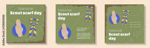 National scout scarf day day social media post, banner set, kids summer camp celebration advertisement concept, scouting hand sign content marketing square ad, summer camp abstract print, isolated photo