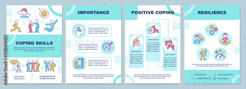 Healthy coping skills for teens mint brochure template. Leaflet design with linear icons. Editable 4 vector layouts for presentation, annual reports. Arial-Black, Myriad Pro-Regular fonts used