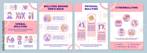 Teenage bullying pink brochure template. Cyberbullying. Leaflet design with linear icons. Editable 4 vector layouts for presentation, annual reports. Arial-Black, Myriad Pro-Regular fonts used