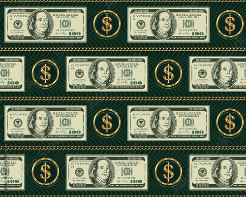 Seamless pattern with horizontal aligned 100 dollar banknotes, gold dollar sign, chains, texture with wavy lines behind. Detailed vector illustraton.