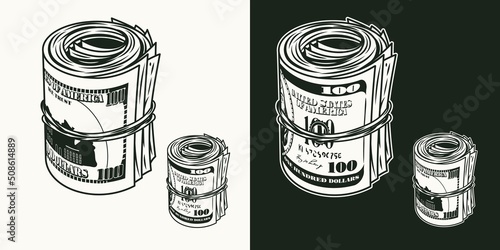 Standing upright money roll with front and reverse side of 100 dollar bills. Cash money. Vintage style. Monochrome detailed isolated vector illustration on dark and white background.