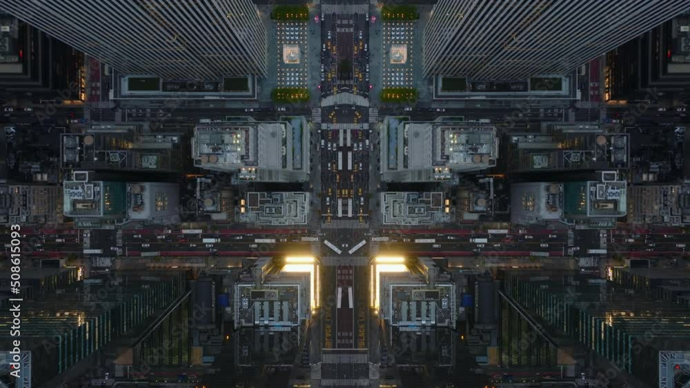 High angle view of busy streets under high rise commercial or residential buildings at twilight. Abstract computer effect digital composed footage. High angle view of busy streets under high rise commercial or residential buildings at twilight. Abstract computer effect digital composed footage.
