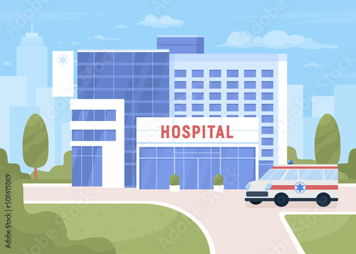 Ambulance near hospital on city street flat color vector illustration. Professional medical service. Fully editable 2D simple cartoon cityscape with buildings on background. Akrobat font used
