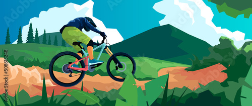 Rider moving down the mountain. Rush. Downhill, freeride, enduro, allmountain ride. Dust from under the wheels. extreme sports. Dynamic vector illustration. Blue sky on the background. Banner