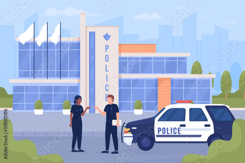Policemen and car on city street flat color vector illustration. Police office and town security service. Fully editable 2D simple cartoon characters with cityscape on background. Bebas Neue font used photo