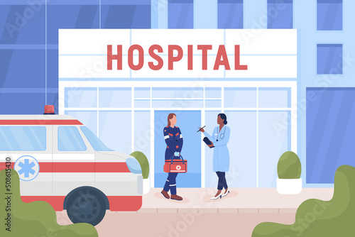 Doctors near hospital building on street flat color vector illustration. Medical service in city. Fully editable 2D simple cartoon characters with town on background. Cardo font used