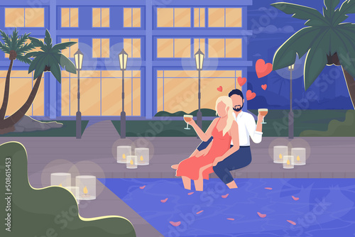 Loving couple at poolside in evening flat color vector illustration. Romantic date atmosphere. Honeymoon celebration. Fully editable 2D simple cartoon characters with hotel on background