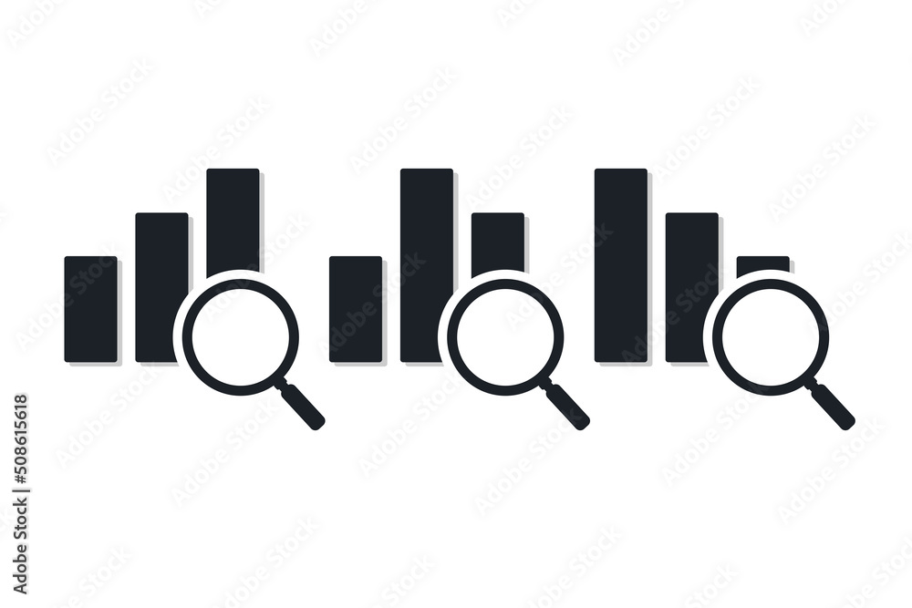 Analysis and statistics data sign. Magnifying glass with bar graph. Vector illustration Analysis and statistics data sign. Magnifying glass with bar graph. Vector illustration