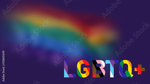 LGBTQ+ Pride Month blurred LGBT community flag. Abstract background wave with Pride word glowing LGBT flag Lesbian, Gay, Bisexual, Transgender rainbow flag vector illustration