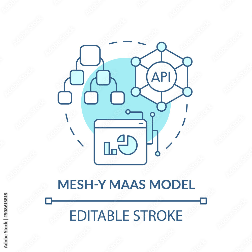 Mesh-y Maas model turquoise concept icon. Mobility as service model abstract idea thin line illustration. Isolated outline drawing. Editable stroke. Arial, Myriad Pro-Bold fonts used