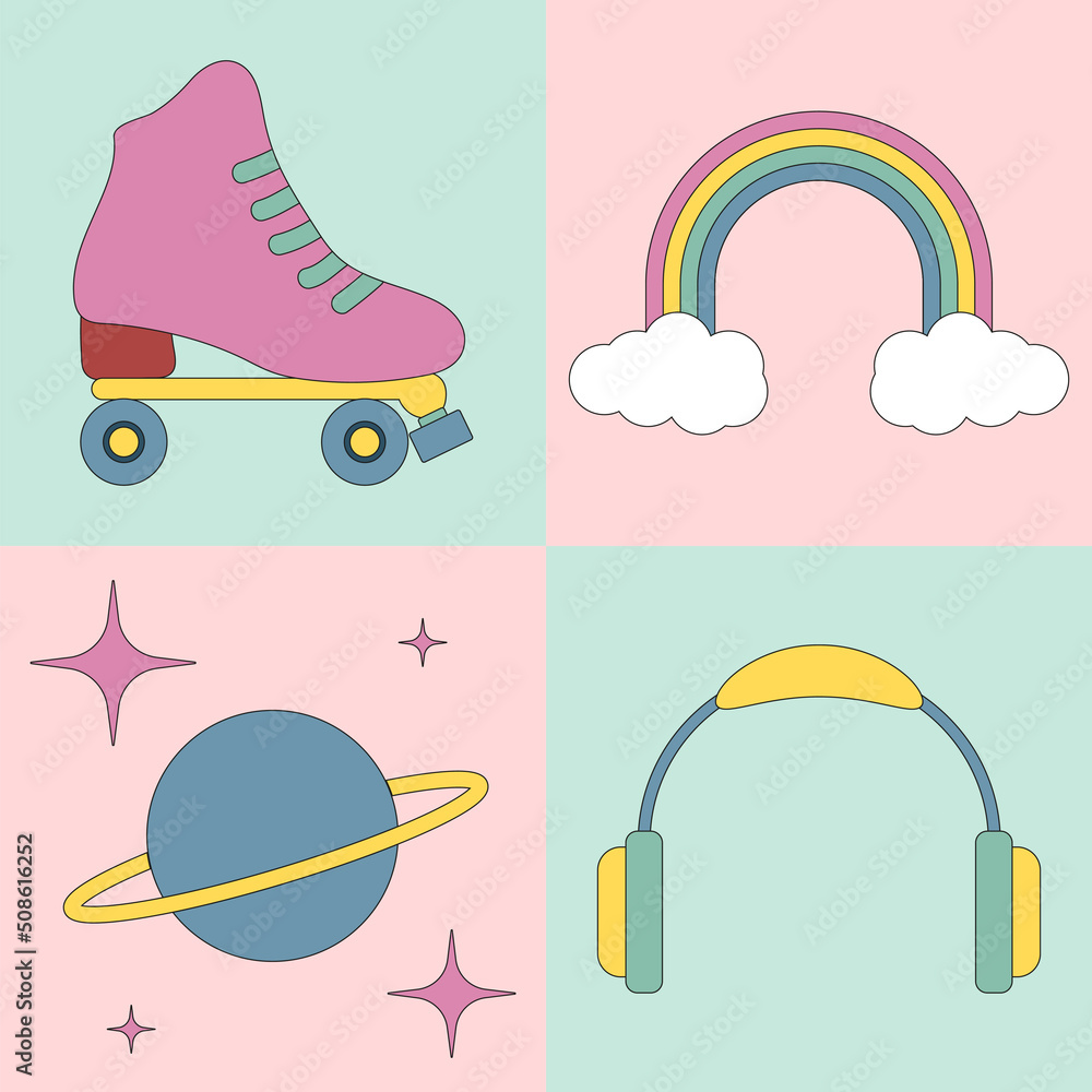 Collage with 1970 vibe sign. Pink roller skate, rainbow, planet and earphone on pastel background. Psychedelic trendy retro elements for cards and posters Collage with 1970 vibe sign. Pink roller skate, rainbow, planet and earphone on pastel background. Psychedelic trendy retro elements for cards and posters