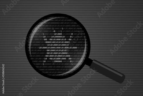 Magnifying glass and bug silhouette made from binary code