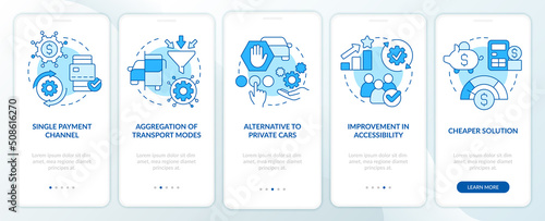 Mobility as service value blue onboarding mobile app screen. Features walkthrough 5 steps editable graphic instructions with linear concepts. UI, UX, GUI template. Myriad Pro-Bold, Regular fonts used