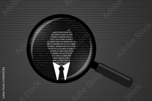 Magnifying glass and businessman silhouette made from binary code