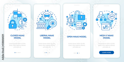 MaaS models blue onboarding mobile app screen. Digital system walkthrough 4 steps editable graphic instructions with linear concepts. UI, UX, GUI template. Myriad Pro-Bold, Regular fonts used