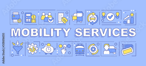 Mobility services word concepts purple banner. Transport system. Infographics with editable icons on color background. Isolated typography. Vector illustration with text. Arial-Black font used