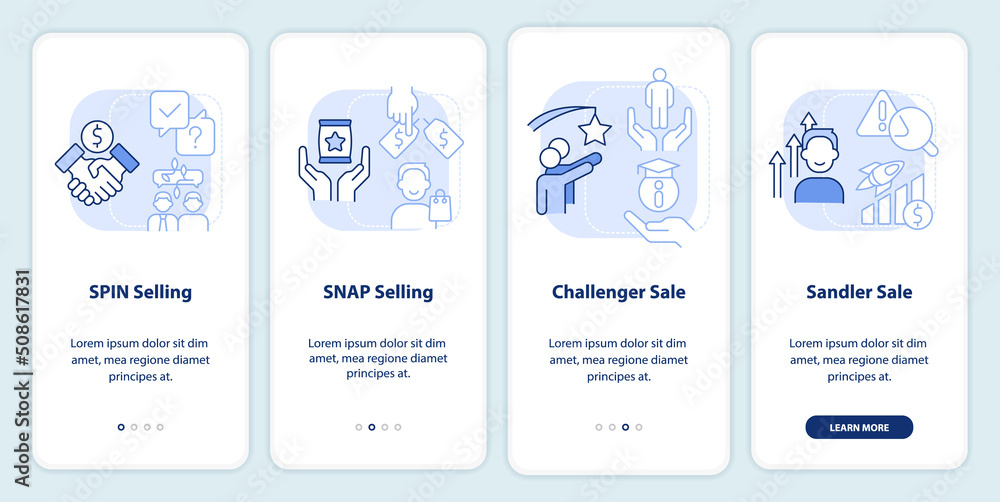 Sales techniques light blue onboarding mobile app screen. Promotion walkthrough 4 steps editable graphic instructions with linear concepts. UI, UX, GUI template. Myriad Pro-Bold, Regular fonts used